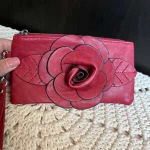 - Red dark leather Flower Purse Wristlet